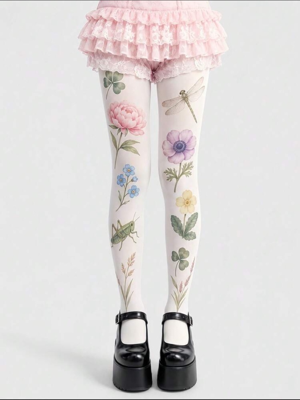 Floral & Insect Printed White Tights with Pastel Blooms